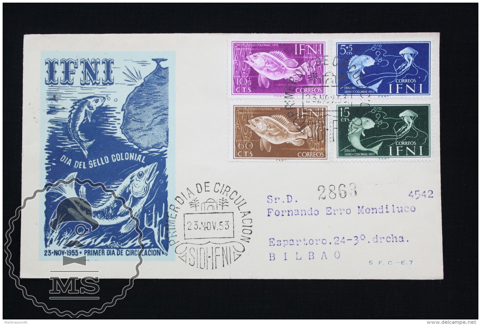 FDC Cover - Spanish Colonies: IFNI  - Sea Fauna Topic7 Fishes  - Edifil 99/102 - Year 1953 - Ifni