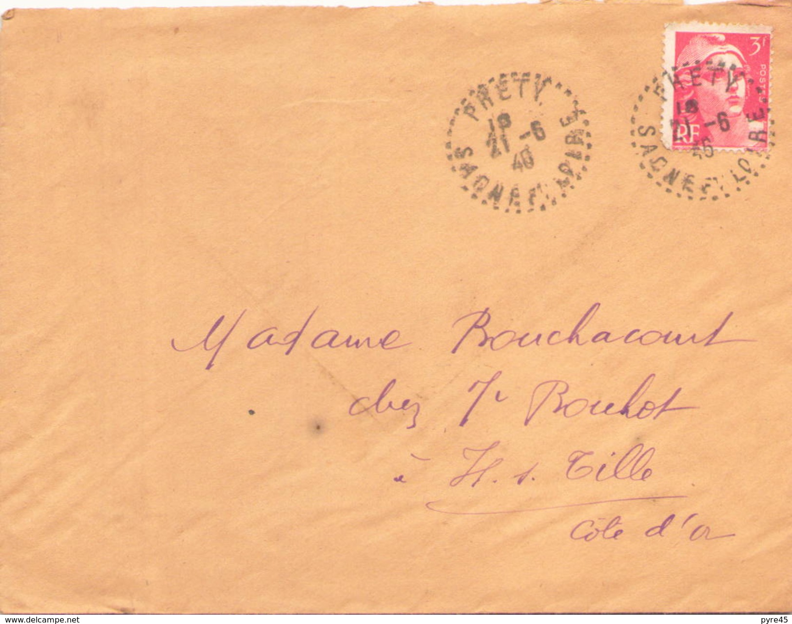 Enveloppe Du 21 Juin 1946 De Prety Pour Is Sur Tille - Lettres & Documents