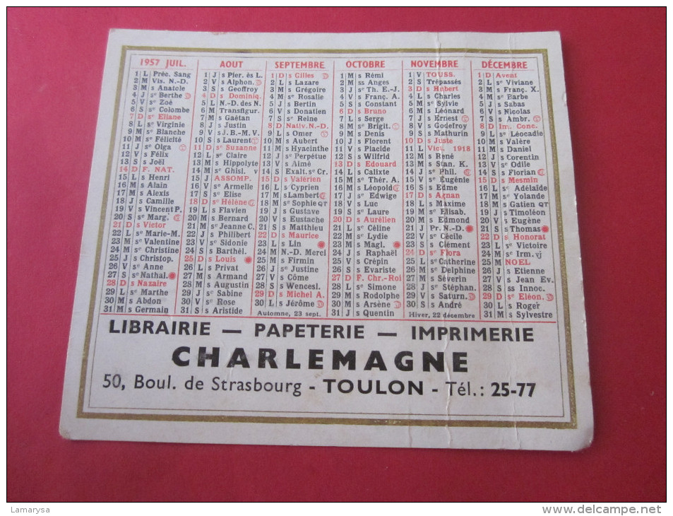 1957 CALENDRIER PETIT FORMAT LIBRAIRIE PAPETERIE IMPRIMERIE CHARLEMAGNE BD STRASBOURG TOULON - Petit Format : 1941-60