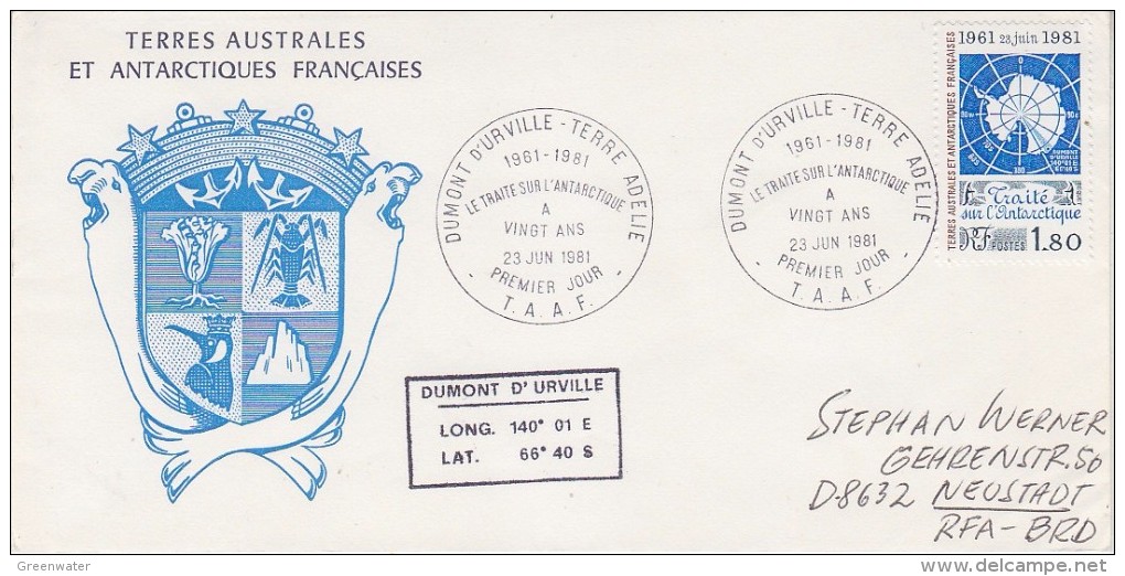 TAAF 1981 Antarctic Treaty 1v FDC  Dumont D´Urville (F5573) - FDC