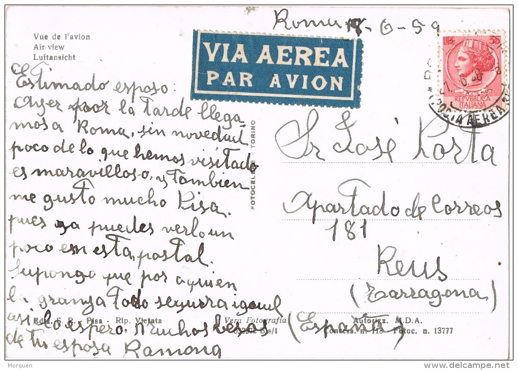 19001. Postal Aerea ROMA 1959. Vista Desde Avion - 1946-60: Marcophilia