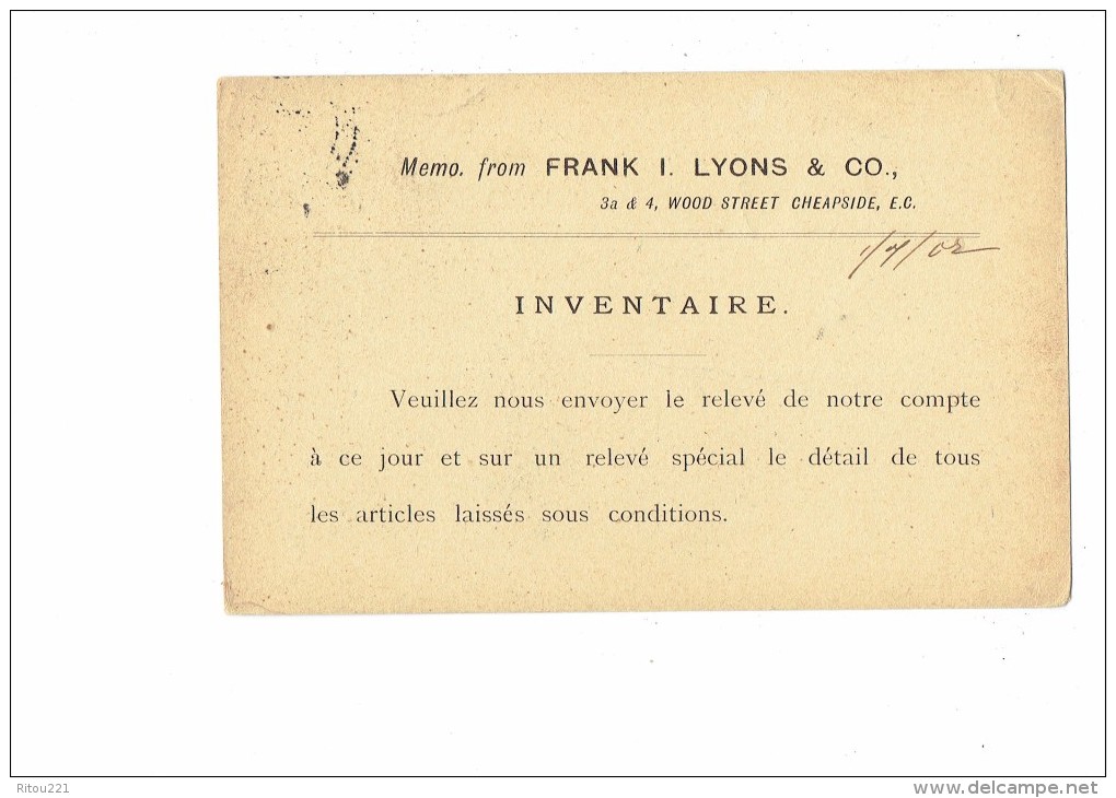 Carte Correspondance - 1902 - "FRANK I LYONS Inventaire" - Ver. Königreich