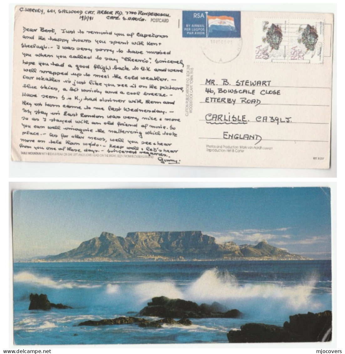 1991 Air Mail SOUTH AFRICA Postcard Table Mountain From Bloubergstrand Airmail Label Rsa Stamps Cover - South Africa