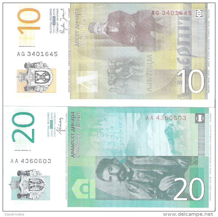 Serbia  - Pick 46, 55 - 10, 20 Dinara 2006, 2013 - Unc - Set 2 Banknotes - Serbie