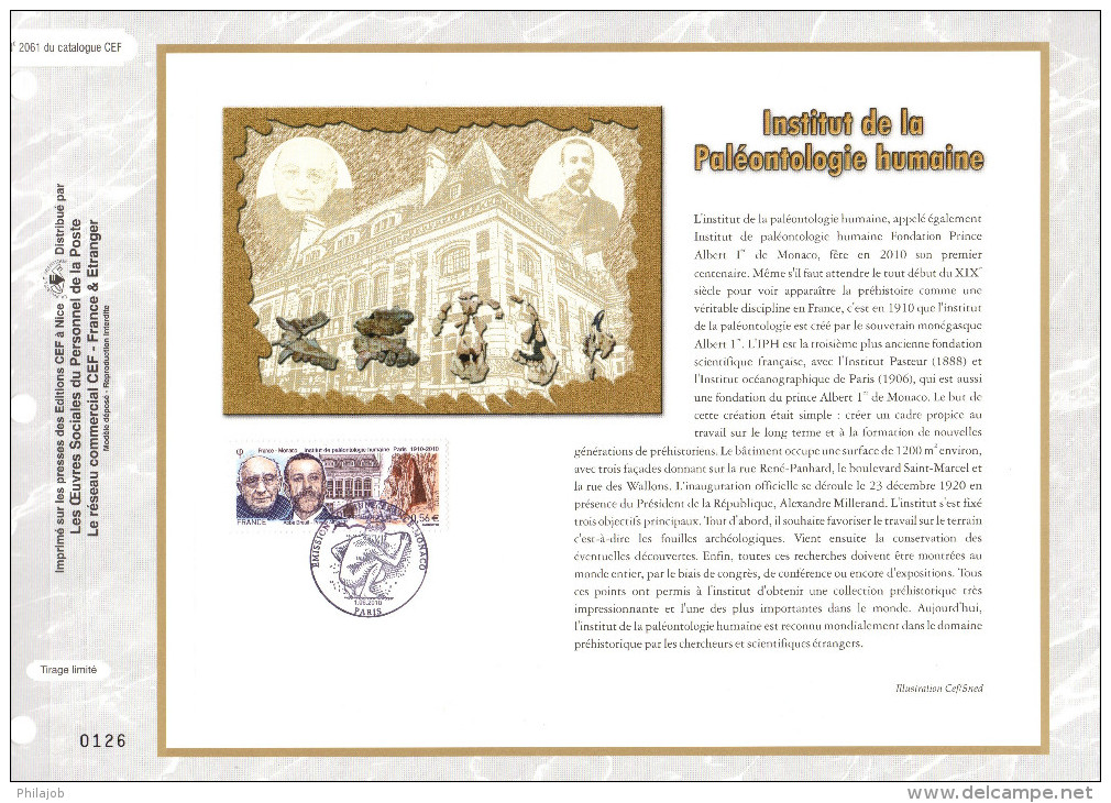 FRANCE 2010 : Feuillet CEF 1er Jour N°té N° 2061 " FRANCE -MONACO : INSTITUT DE  PALEONTOLOGIE H.". N° YT 4446. - Emissions Communes
