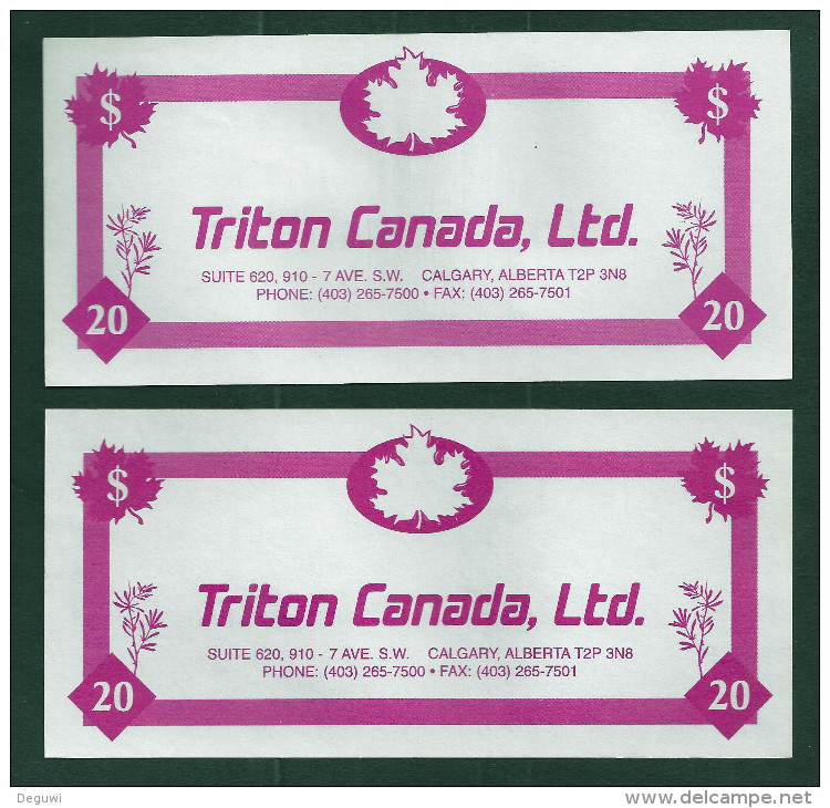 Test Note "TRITON CANADA" Testnote, Typ C, 20 Units,, Pink, Beids. Druck, Sample, RRR, UNC - Autres & Non Classés