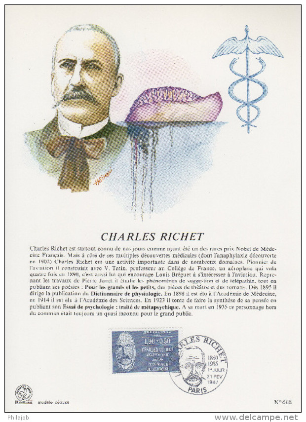 FRANCE 1987 : Encart 1er Jour "  CHARLES RICHET, NOBEL DE MEDECINE " N° YT 2454. Parfait état.  FDC - Nobelpreisträger