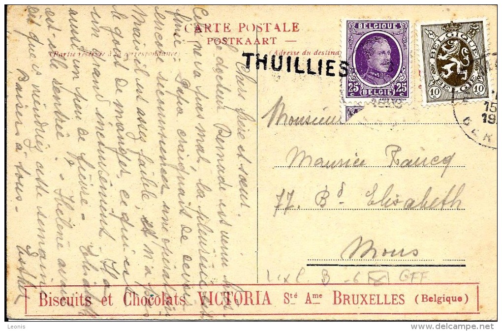 N° 198-280 Obl. MONS + GRIFFE THUILLIES S/CP PUBLICITAIRE "CHOCOLAT VICTORIA". TB - Langstempel