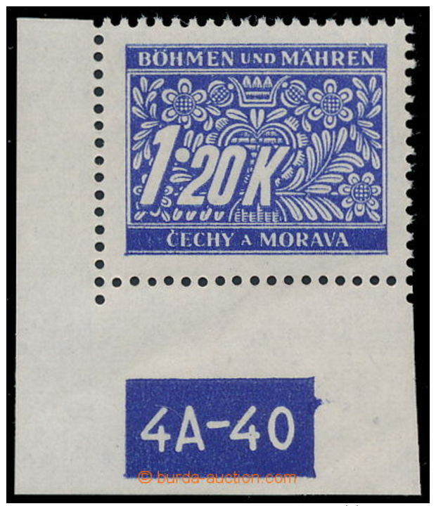 Pof.DL10, 1,20 Koruna, L The Bottom Corner Piece With Plate Number 4A-40y - Margin Unperforated; Perfect Piece,... - Otros & Sin Clasificación