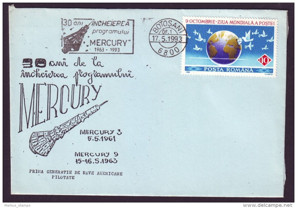 1993 Romania, Mercury Space Program 30 Years, Commemorative Aerophilately Cover With Special Cancel - Lettres & Documents