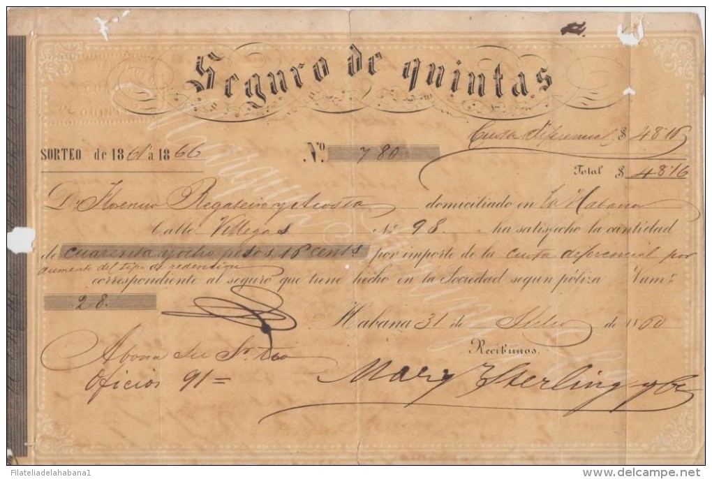 E144 ESPAÑA SPAIN CUBA INSURANCE OF "QUINTAS". PARA EVADIR SERVICIO MILITAR 1860 - Other & Unclassified