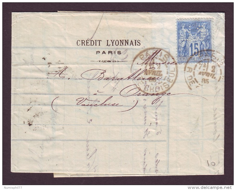 FRANCE - 15 C Bleu Type SAGE - Perforé CL (Crédit Lyonnais) - Sur Lettre De PARIS Pour Orange - Autres & Non Classés