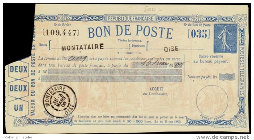 N°0 K2 Semeuse Lignée Bleu Bon De Poste Sans Valeur   Qualité:OBL Cote:200&euro; - Other & Unclassified