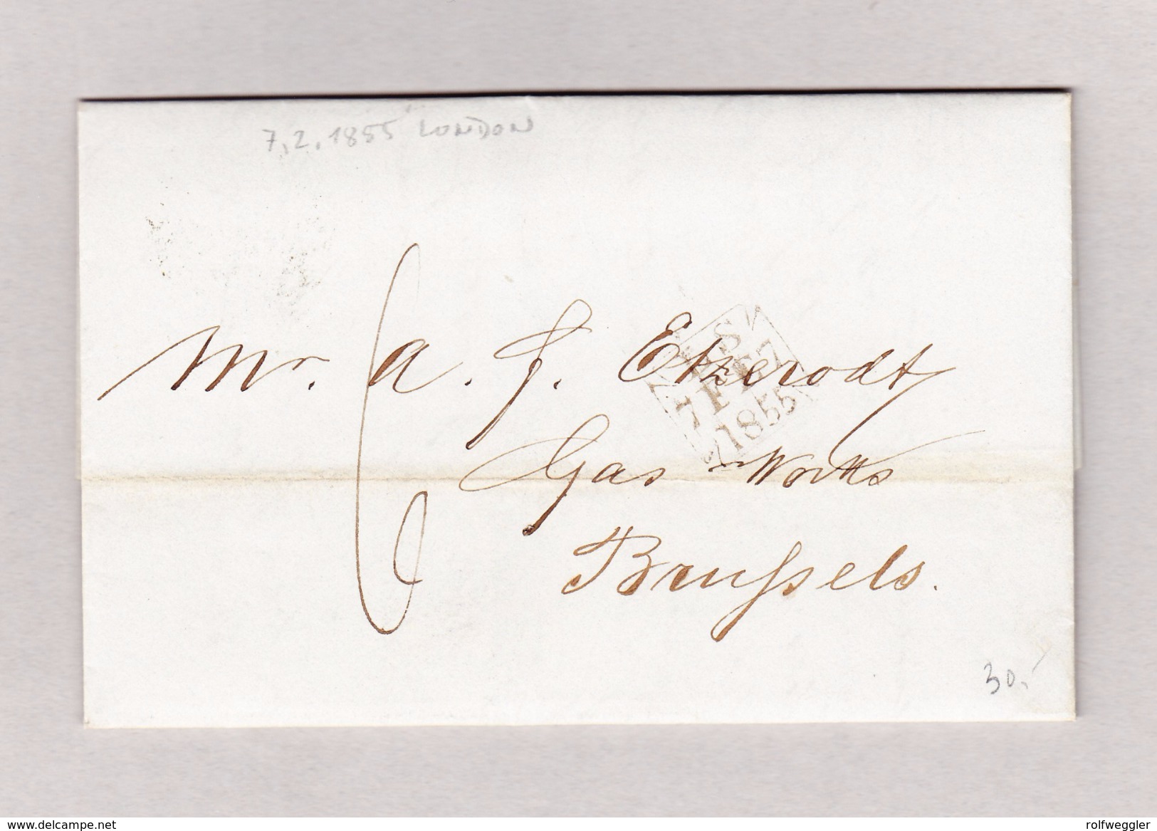 GB London 7.2.1855 Brief Ohne Marke Nach Bruxelles Mit Ankunft Und Transit Stempel - Autres & Non Classés