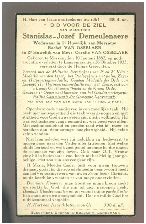 Doodsprentje ( A 993 ) Demeulenaere / Osselaer - Merkem - Langemarck Langemark   -  1933 - Décès