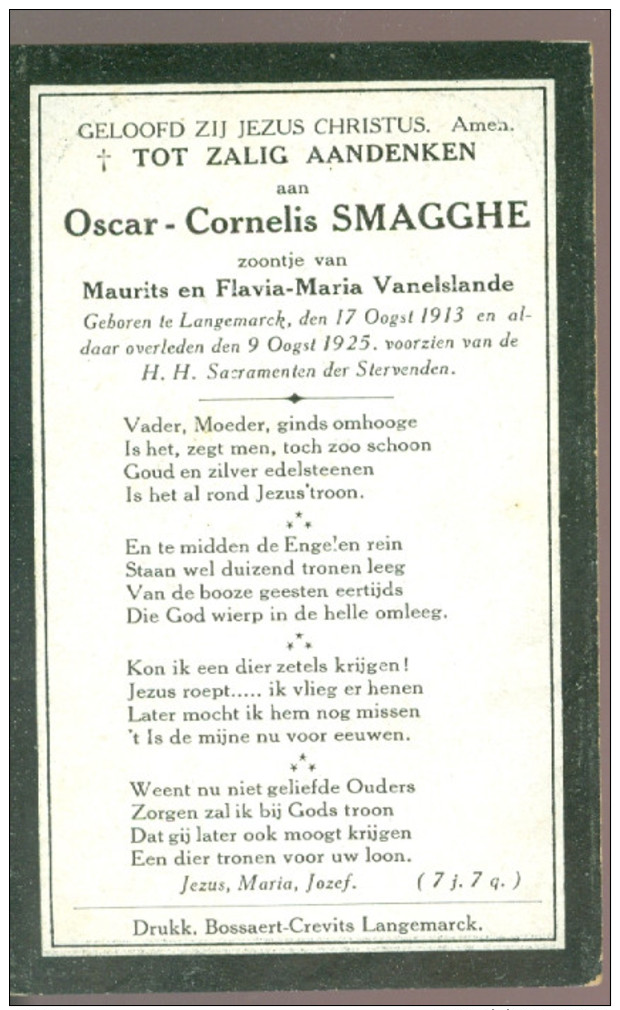 Doodsprentje ( B 6 ) Smagghe / Vanelslande  - Langemarck Langemark -  1925 - Décès