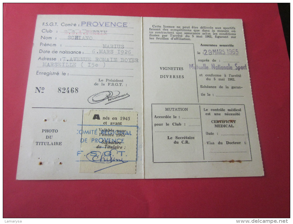 Other & unclassified - LICENCE SPORT & PLEIN AIR FÉDÉRATION SPORTIVE &  GYMNIQUE du TRAVAIL COM PROVENCE Léo LAGRANGE-A. DELAUNES-MARSEILLE 1965