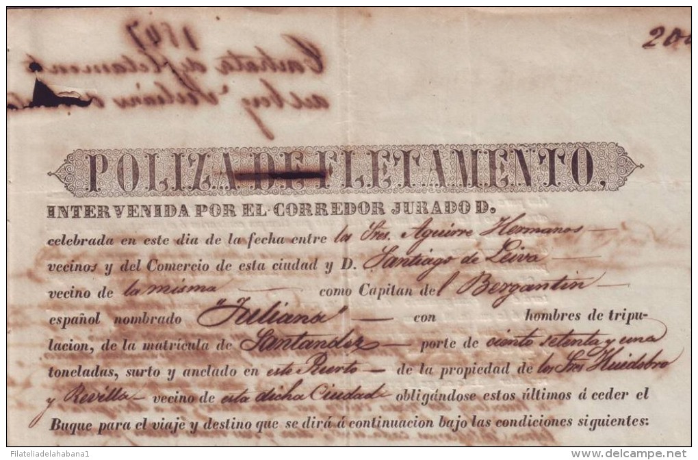 E764 CUBA ESPAÑA SPAIN. SHIP EMBARK POLIZA SANTANDER TO HABANA 1847 - Historical Documents