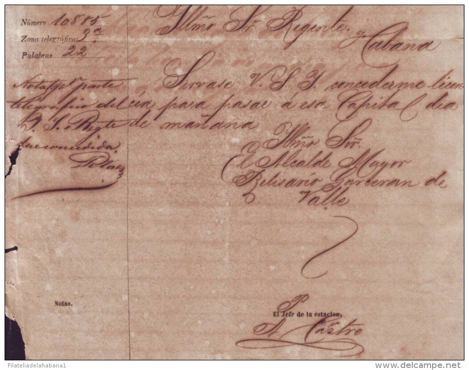 E767 CUBA  ESPAÑA SPAIN TELEGRAM "ESTACION CAÑEDO" MARK 1862. TELEGRAMA TELEGRAFO - Historical Documents