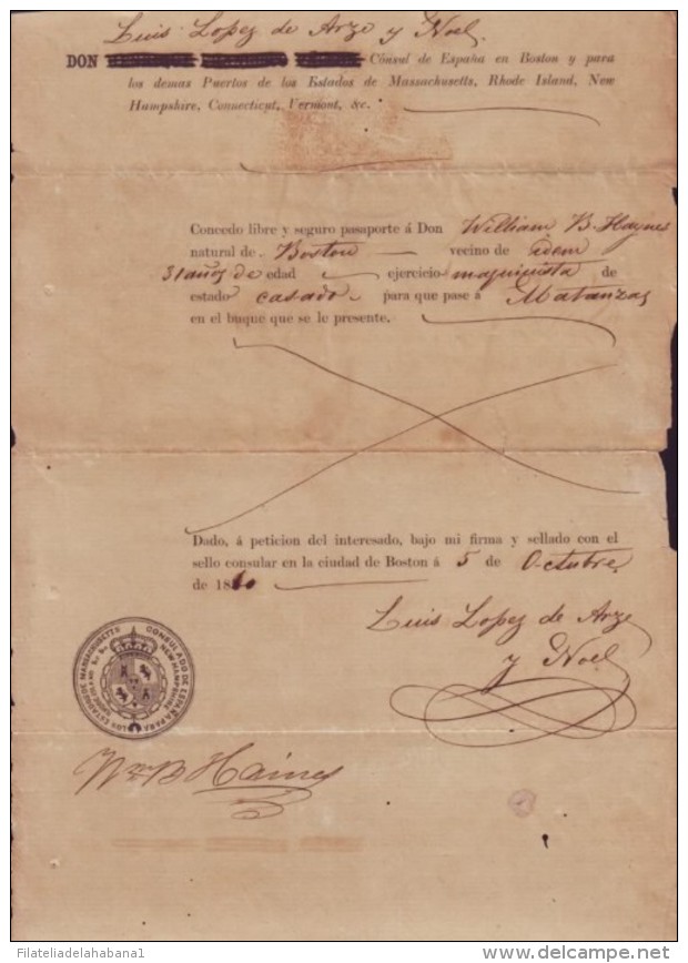 E769  ESTADOS UNIDOS US PASSPORT BOSTON US CONSULATE SPAIN TO CUBA 1840 ESPAÑA SPAIN. PASAPORTE. CONSULADO ESPAÑA - Historische Documenten