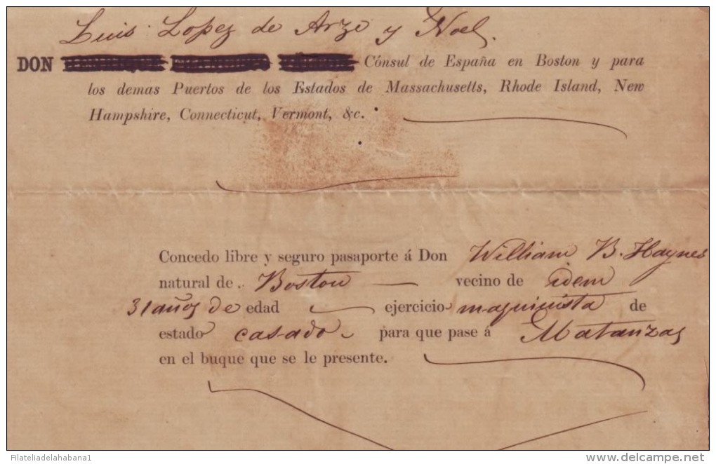 E769  ESTADOS UNIDOS US PASSPORT BOSTON US CONSULATE SPAIN TO CUBA 1840 ESPAÑA SPAIN. PASAPORTE. CONSULADO ESPAÑA - Historische Documenten