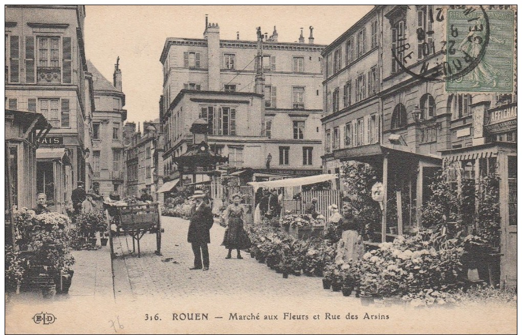 Cpa - Rouen - Marché Aux Fleurs Et Rue Des Arsins - - Rouen