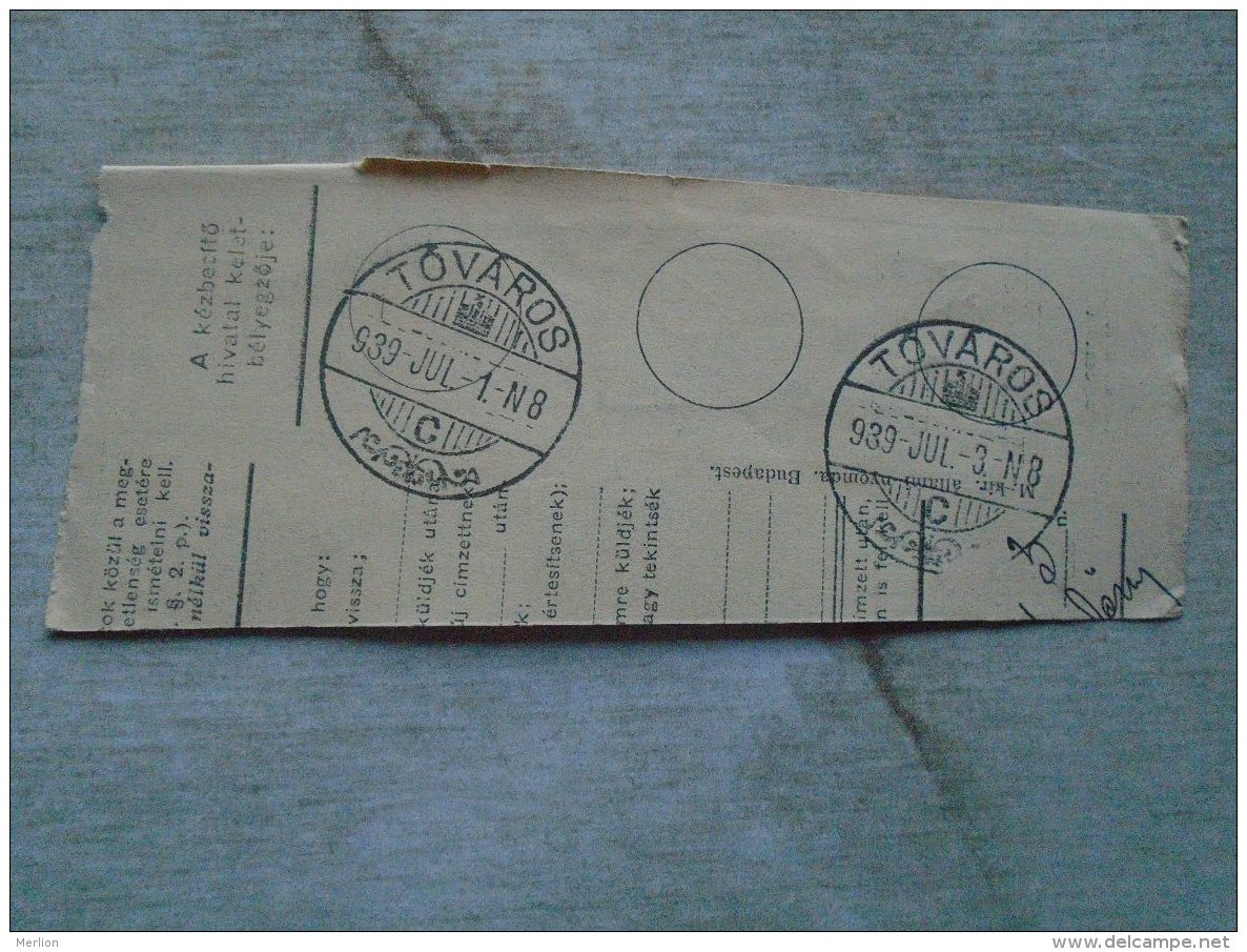 D138833  Hungary  Parcel Post Receipt 1939  TÓVÁROS - Pacchi Postali