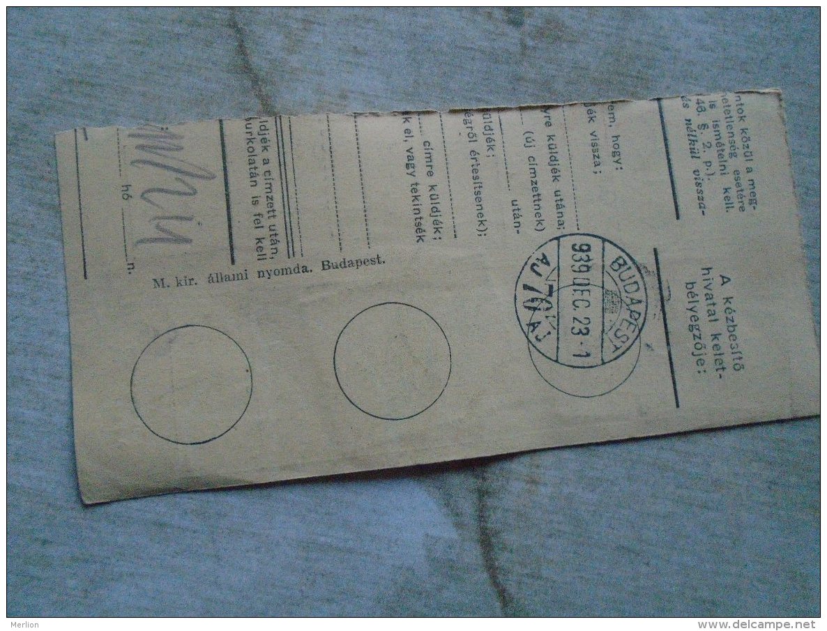 D138842  Hungary  Parcel Post Receipt 1939  KISBÉR - Pacchi Postali