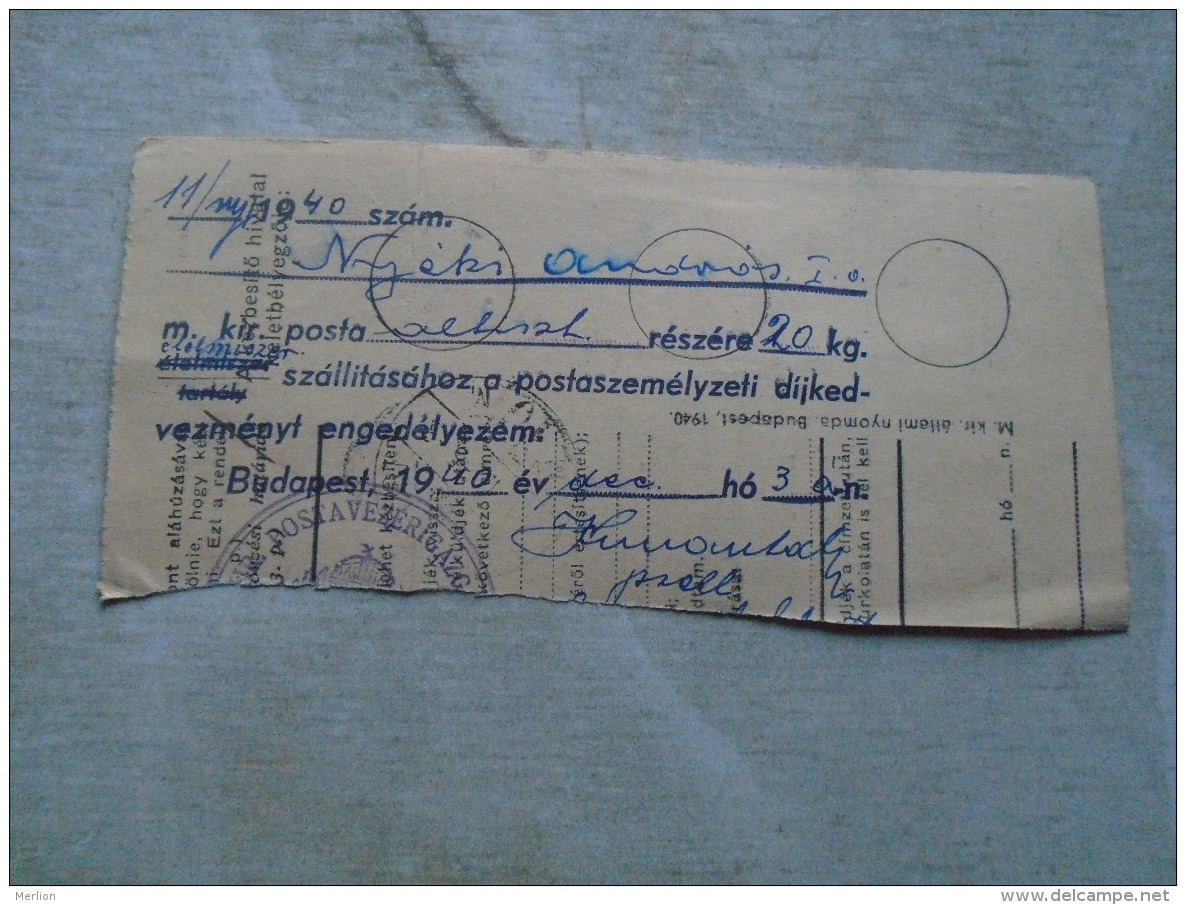 D138859  Hungary  Parcel Post Receipt 1940 - Postpaketten