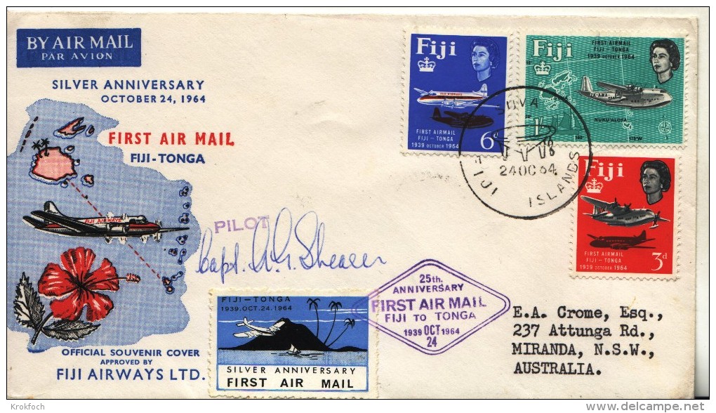 Suva Fiji Fidji 1964 To Tonga - 25th Anniversary Flight  + Vignette - Fiji (1970-...)