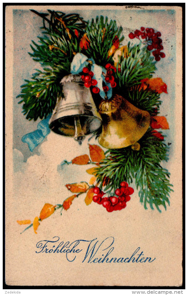 6017 - Alte Glückwunschkarte - Weihnachten Tannenzweig Glocken - Amag - Gel 1928 - Altri & Non Classificati