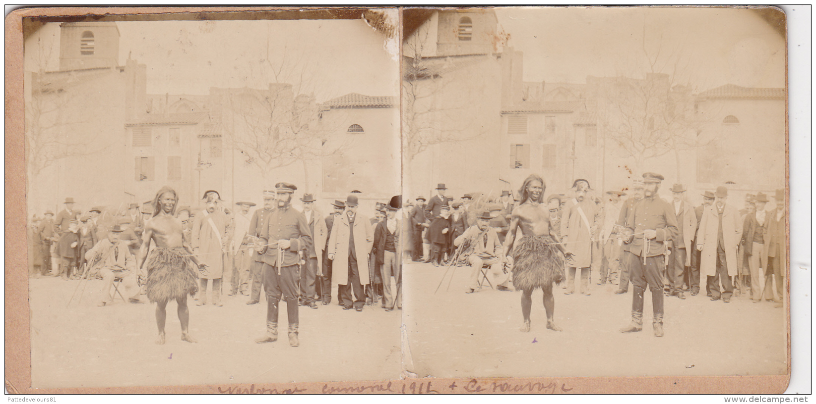 Photo Stéréoscopique (11) NARBONNE Carnaval 1911 Avec Le Sauvage - Au Dos Char Avec Grosses Têtes Folklore Traditions - Photos Stéréoscopiques