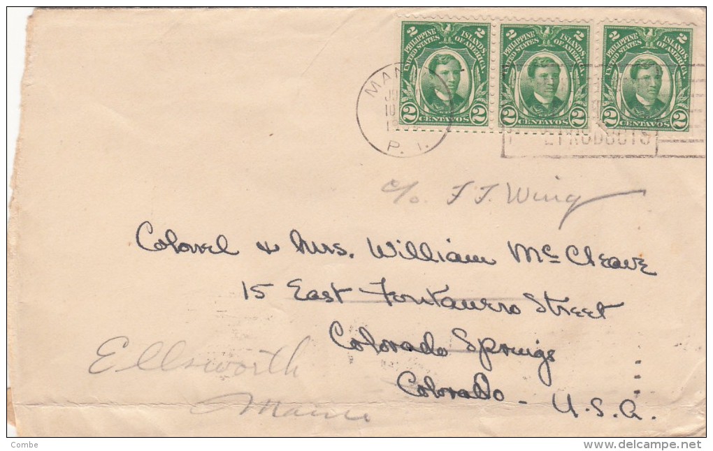 COVER PHILIPPINE ISLANDS 1934 MANILA / COLORADO SPRING / ELLSWORTH MAINE  / 7796 - Philippinen