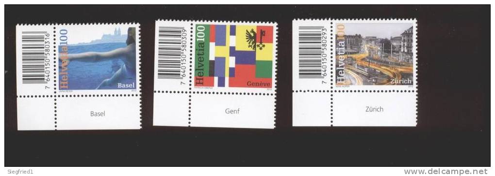 Schweiz  ** .   MiNr. 2268 - 2270 Städte Der Schweiz Neuheit 2012 Selbstklebend Eckrand Mit Strichkodierung  Ungefaltet - Unused Stamps