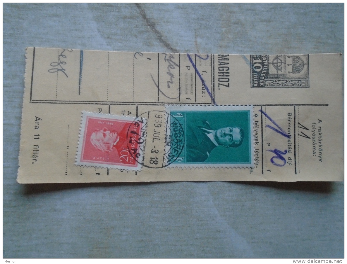 D138877 Hungary  Parcel Post Receipt 1939  Stamp  HORTHY    - Budapest -FELPÉC -VASZAR - Parcel Post