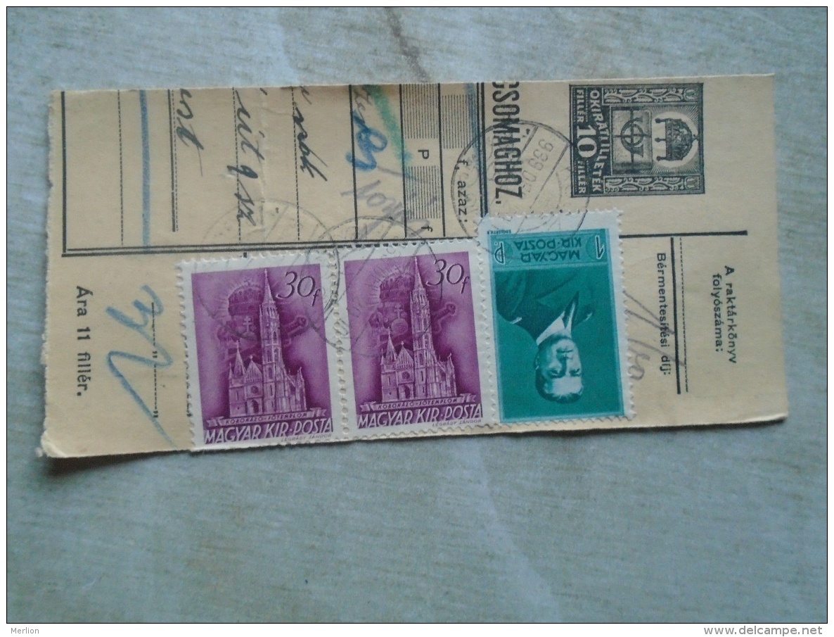 D138890 Hungary  Parcel Post Receipt 1939  Stamp  HORTHY - Colis Postaux