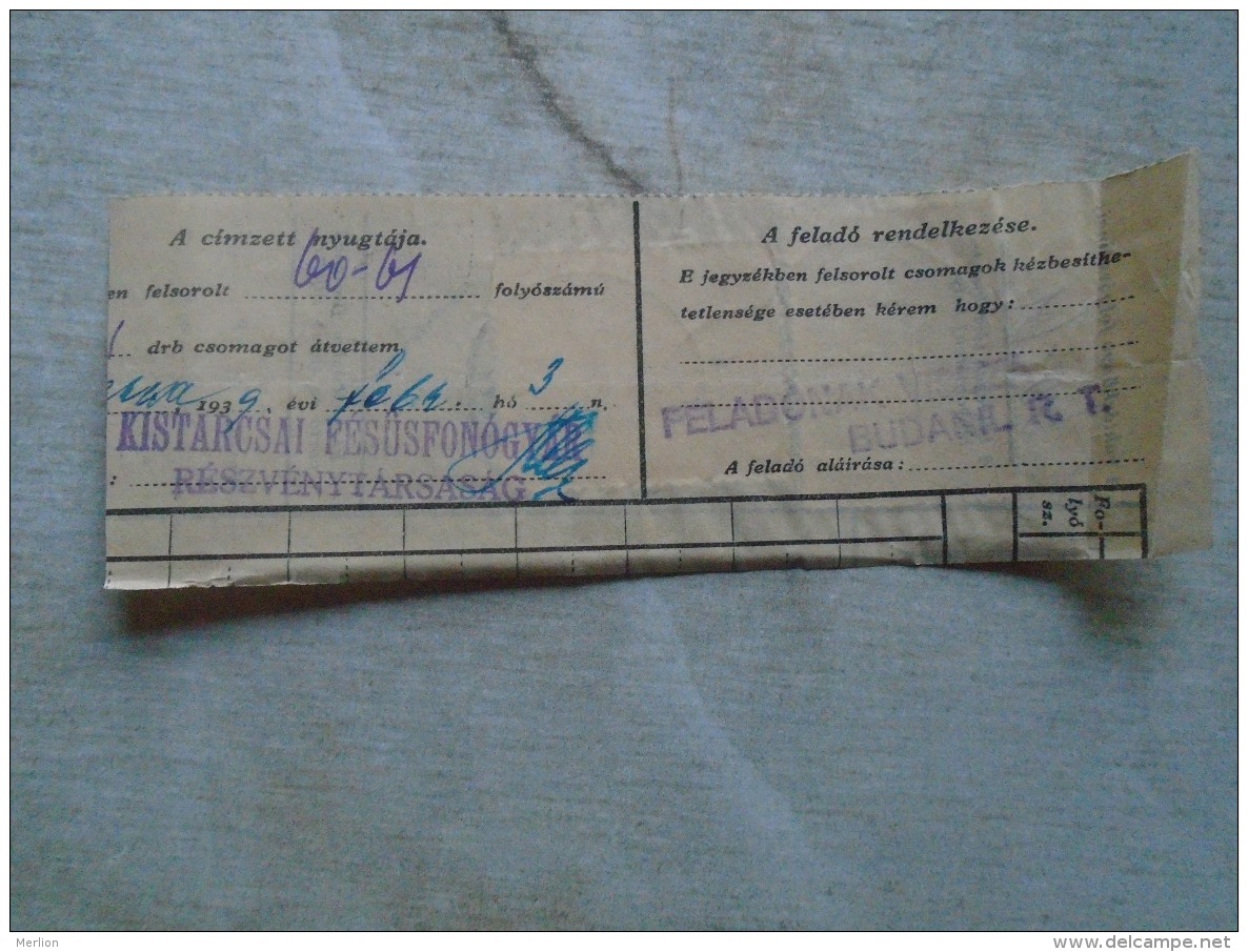 D138891 Hungary  Parcel Post Receipt 1939  Stamp  HORTHY   Budapest  Kistarcsa - Pacchi Postali