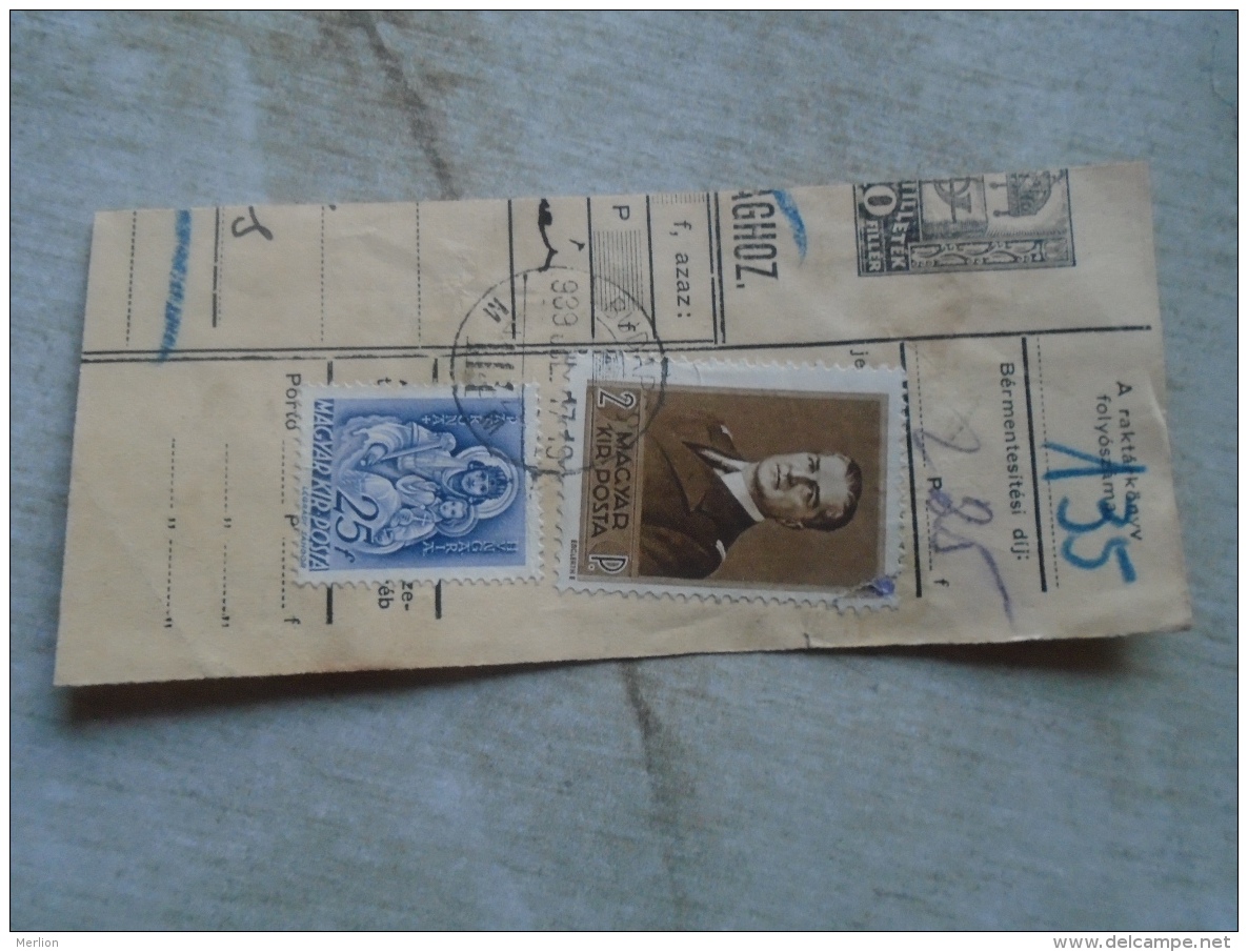 D138898  Hungary  Parcel Post Receipt 1939  Stamp  HORTHY  Budapest -Tóalmás - Pacchi Postali