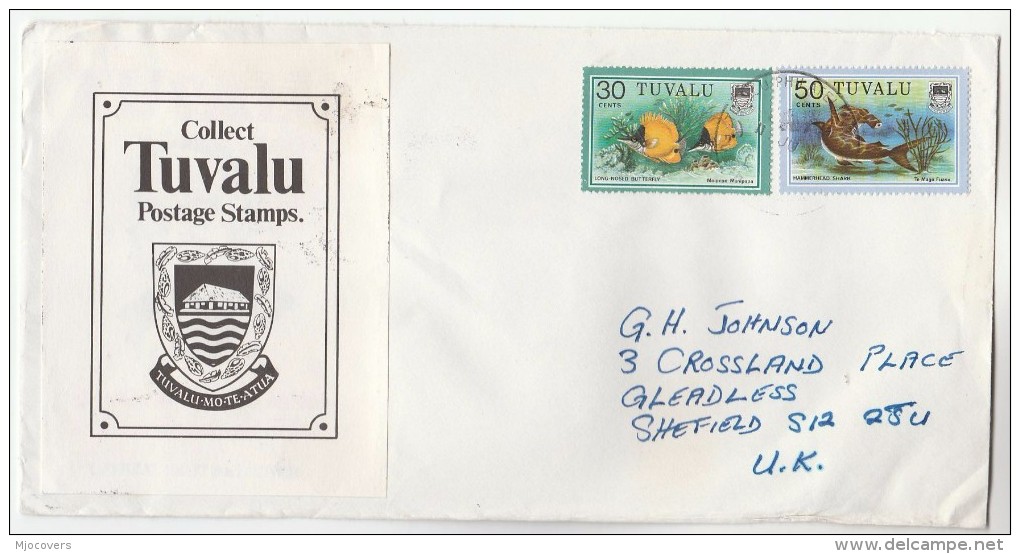 TUVALU COVER  Stamps FISH 30c , SHARK 50c  To GB - Fishes