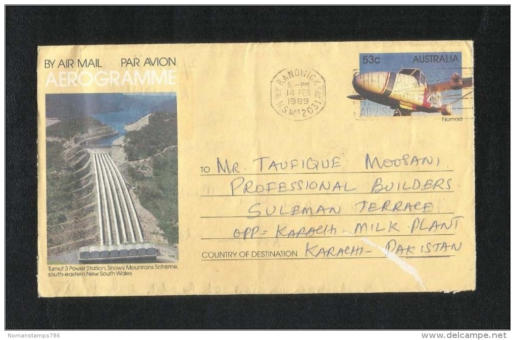 Australia Air Mail Postal Used Aerogramme Cover Australia To Pakistan  Airplane - Aerogrammi