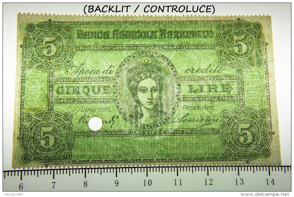 Italy 5 Lire Campione Specimen Banca Agricola Nazionale 1872 R4 "Apoca Di Credito" Fds- / Unc- - Autres & Non Classés