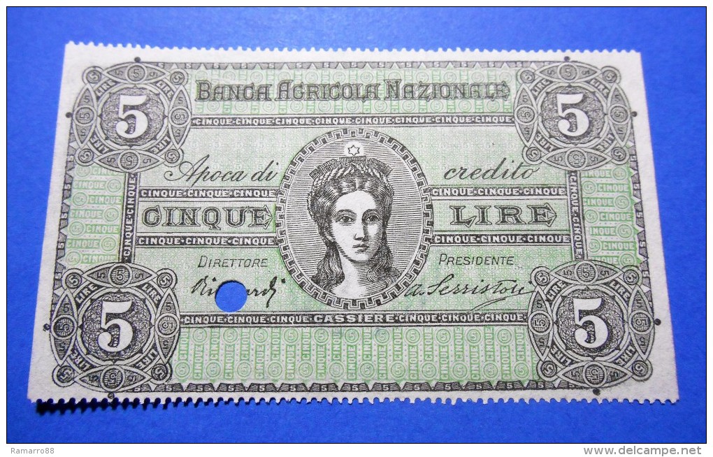 Italy 5 Lire Campione Specimen Banca Agricola Nazionale 1872 R4 "Apoca di Credito" Fds- / Unc-