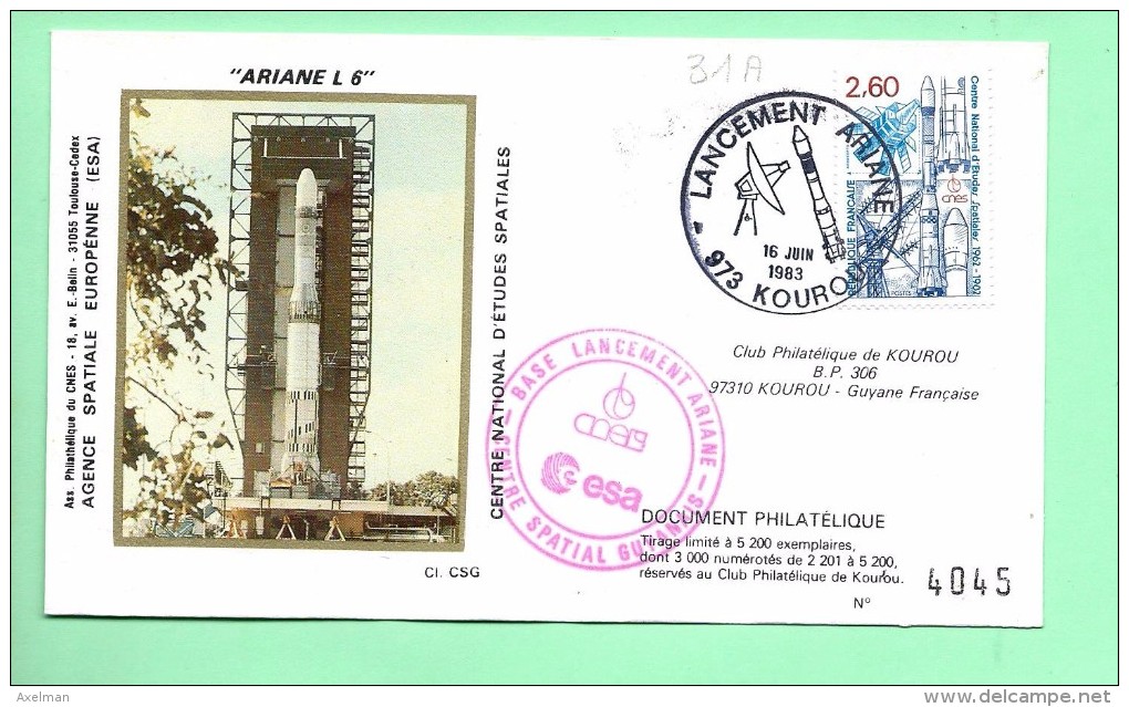 ENVELOPPE : Tir Fusée Ariane Vol 6, Le 16 Juin 1983 Kourou - North  America