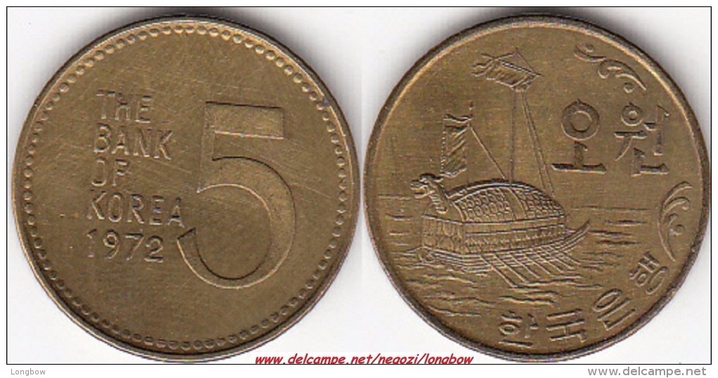 Corea Del Sud 5 Won 1972 KM#5a - Used - Corea Del Sud