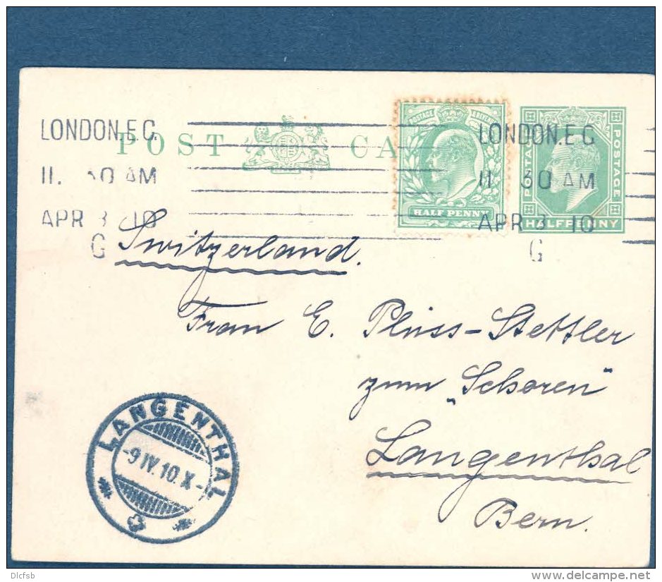 GB, Postcard 1908 &frac12;d Yellow-green , Thick Card To Switzerland, Fine - Stamped Stationery, Airletters & Aerogrammes