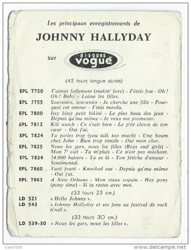 Johnny HALLYDAY - Disques Vogue Avec Discographie Au Verso - Artistes