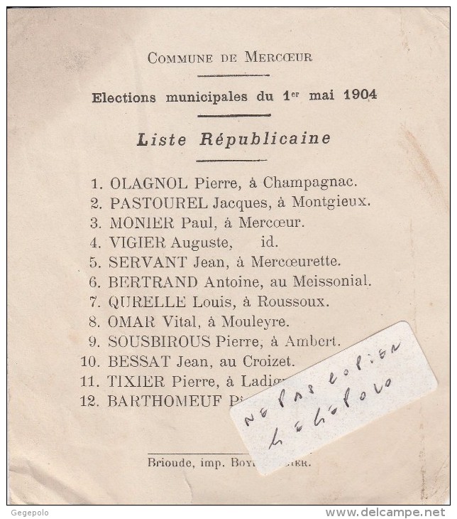 MERCOEUR ( 43 - Haute-Loire  ) - Elections Municipales Du 1er Mai 1904 ( 12,5 Cm X 11 Cm )  Rare - Unclassified