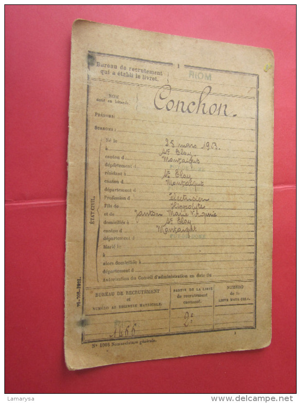 RIOM 1923 LIVRET MILITAIRE Apellé Conchon J. Né 1903 ST ELOY(MONTAIGU)Affecté 41é BATAILLON DE Génie - Documents