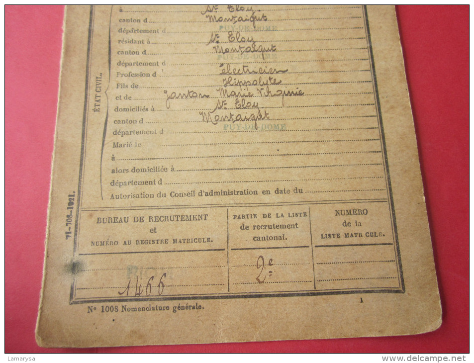 RIOM 1923 LIVRET MILITAIRE Apellé Conchon J. Né 1903 ST ELOY(MONTAIGU)Affecté 41é BATAILLON DE Génie - Documents