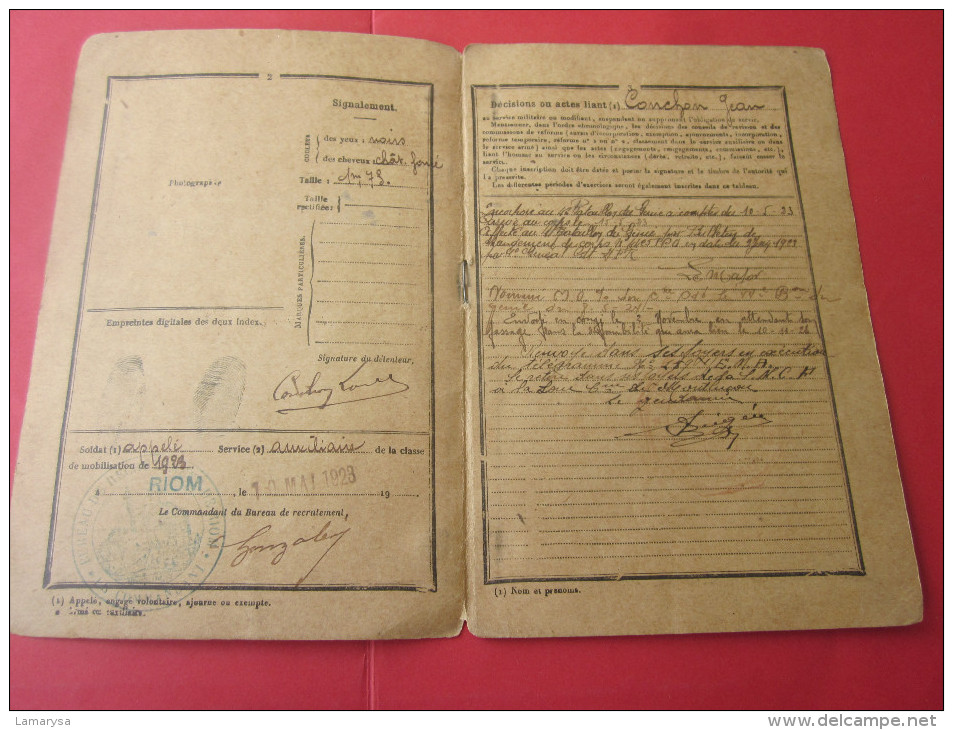 RIOM 1923 LIVRET MILITAIRE Apellé Conchon J. Né 1903 ST ELOY(MONTAIGU)Affecté 41é BATAILLON DE Génie - Documents